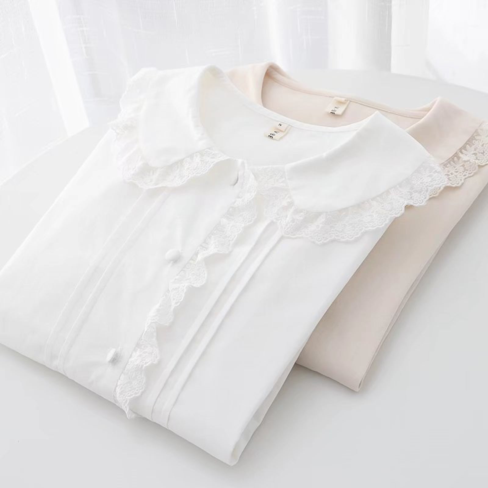 Kawaii Lolita Long Sleeve Blouse with Lace Trim Peter Pan Collar Cotton Shirt